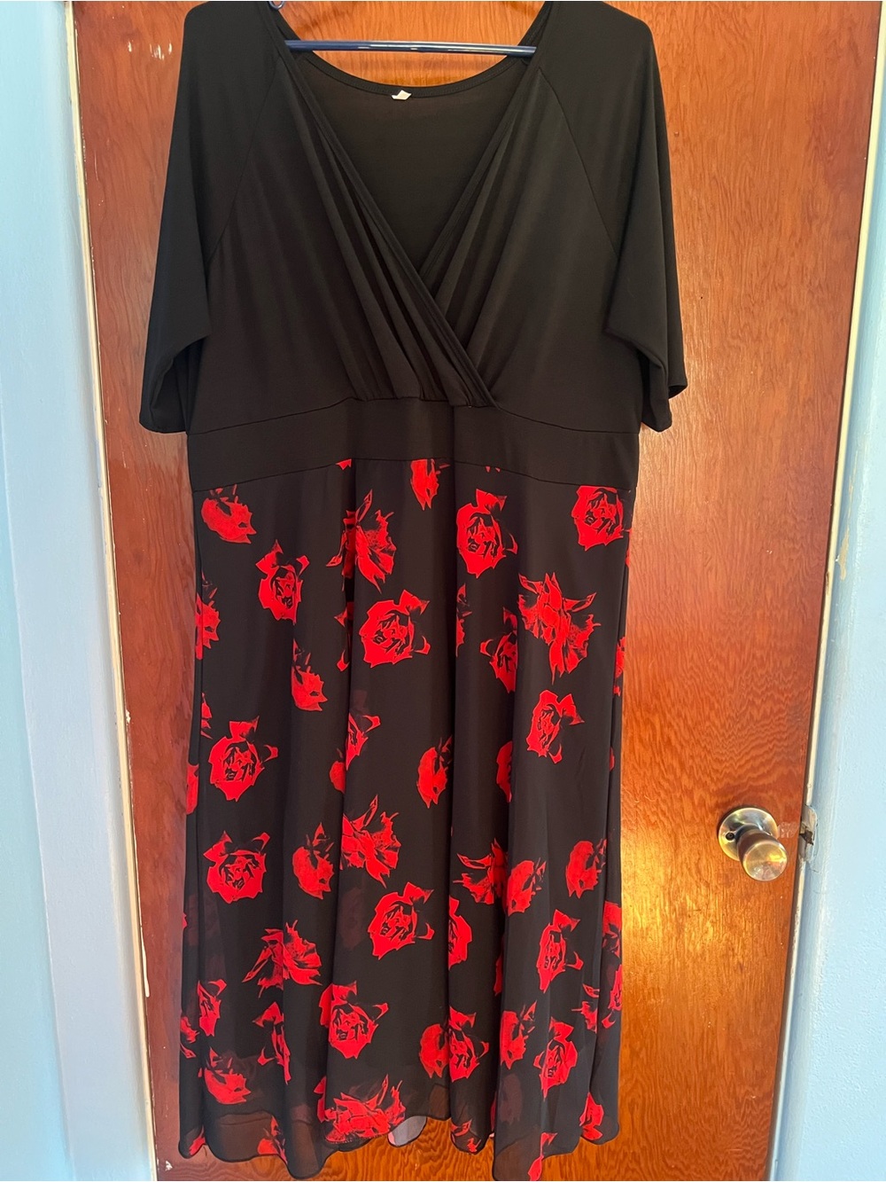 Black Midi Dress with Red Floral Print - V-Neck Wrap Style